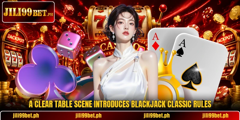 A clear table scene introduces blackjack classic rules