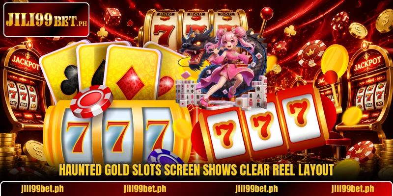 Haunted Gold Slots screen shows clear reel layout